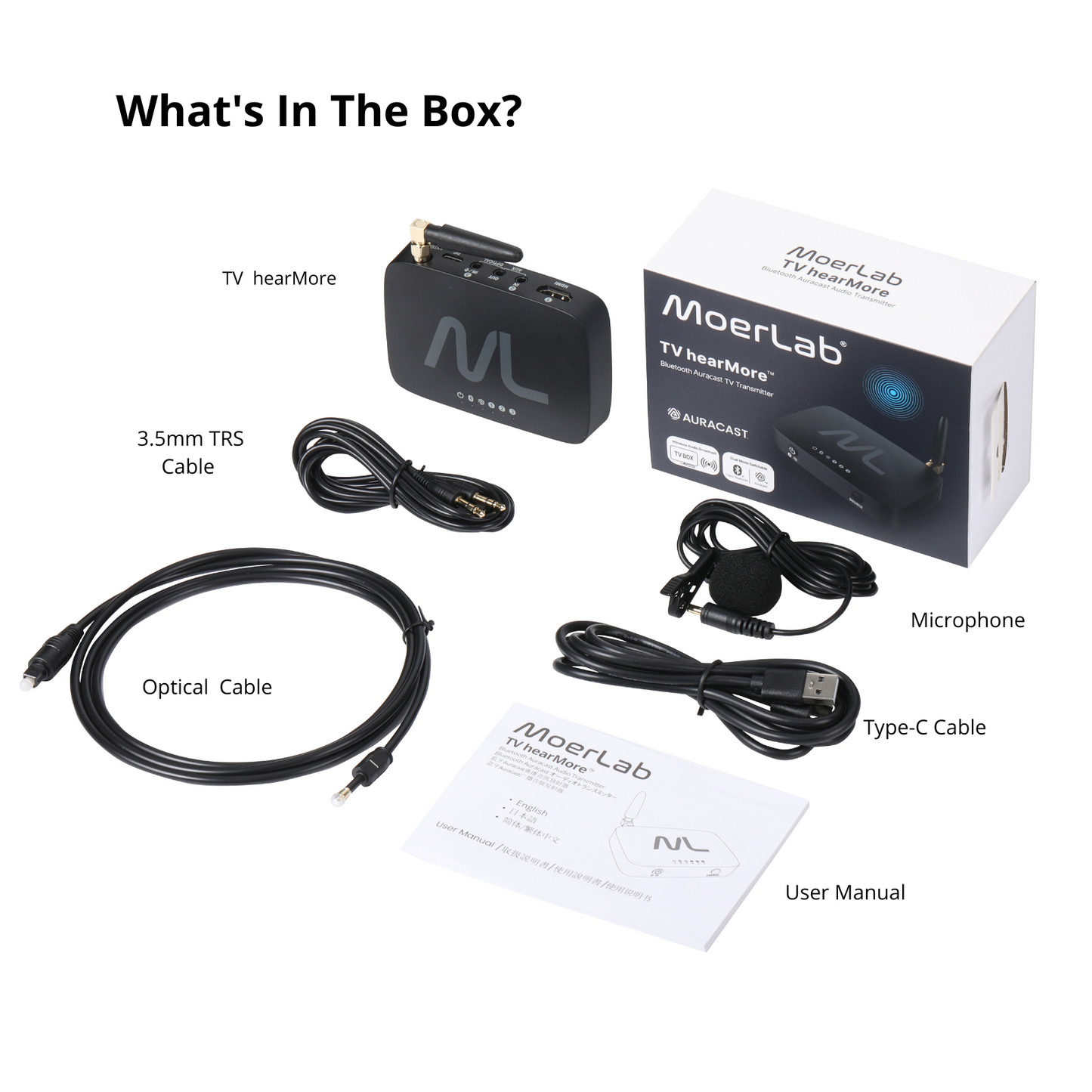 MoerLab® Auracast™ Solution Bundle : 1 TV hearMore™ Transmitter & 2 hearClear™ Earbuds