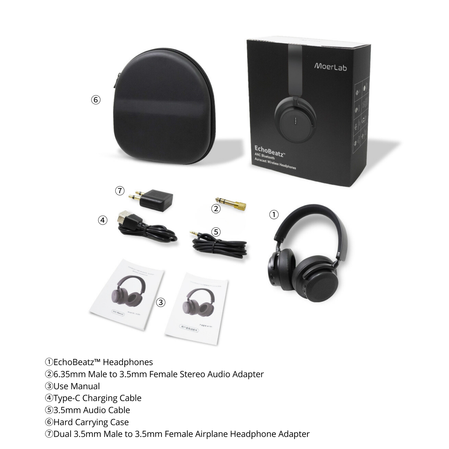 MoerLab® Auracast™ Solution Bundle: 1 MoerDuo™ Transceiver & 2 EchoBeatz™ Headphones