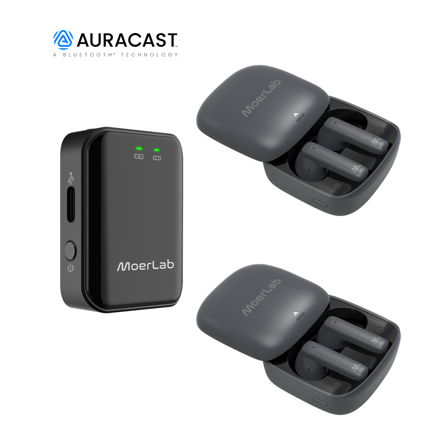 MoerLab® Auracast™ ソリューションバンドル: SoundLinker™ トランスミッター 1 台と hearClear™ イヤホン 2 台