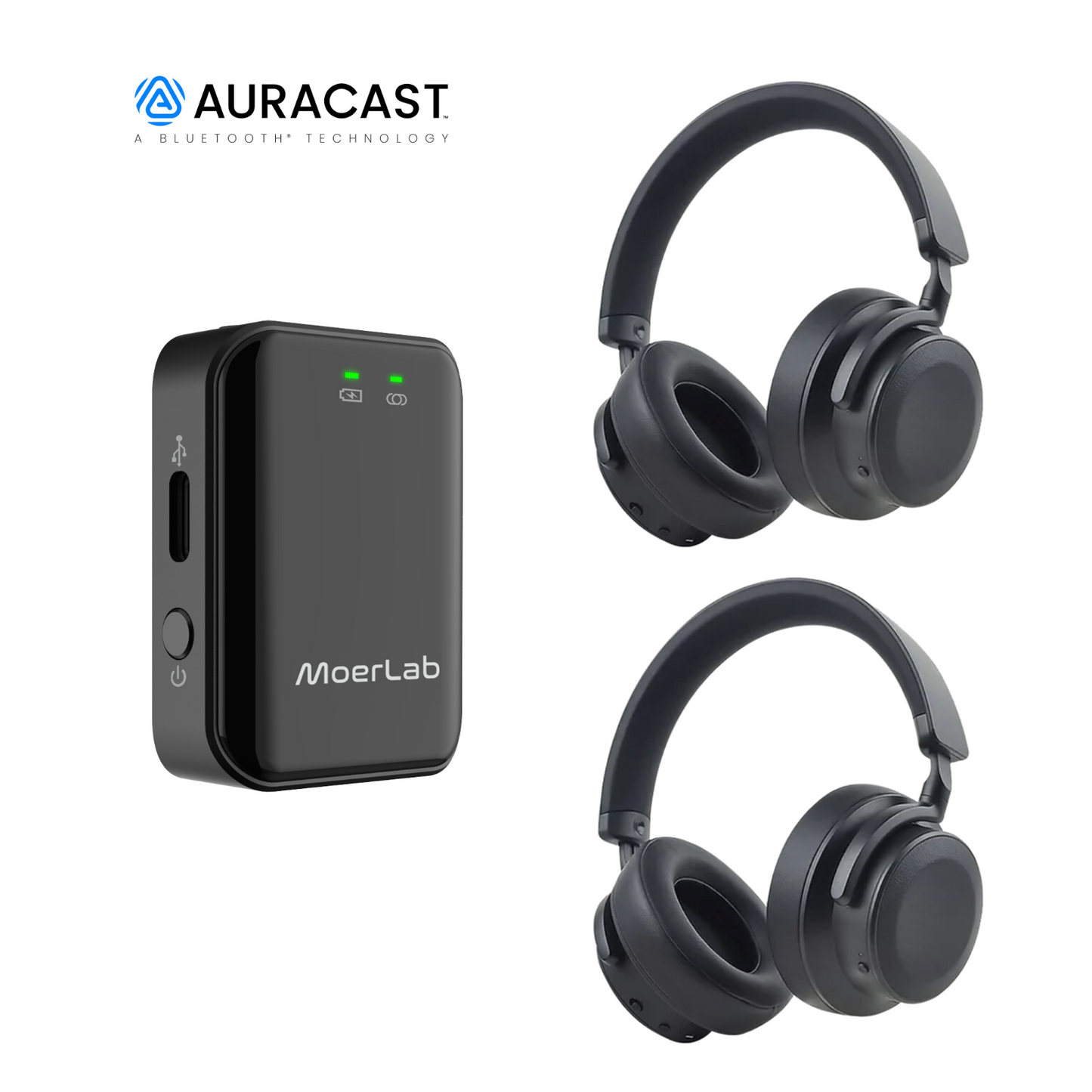 MoerLab® Auracast™ Solution Bundle: 1 SoundLinker™ Transmitter & 2 EchoBeatz™ Headphones