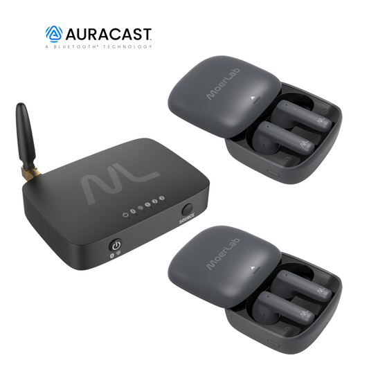 MoerLab® Auracast™ソリューション バンドル キット: TV hearMore™ 1 台と hearClear™ イヤホン 2 台バンドル