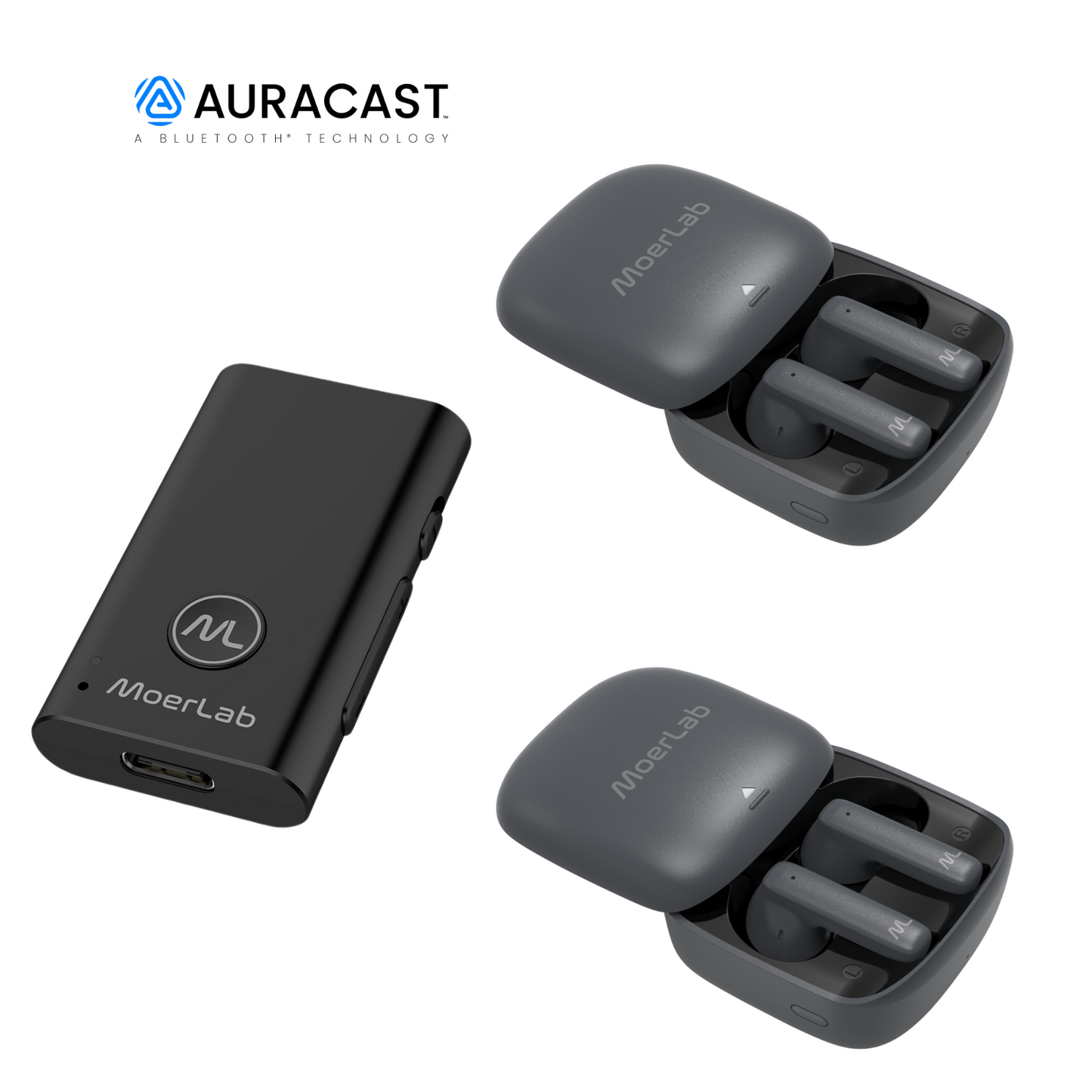 MoerLab® Auracast™ Solution Bundle : 1 MoerDuo™ Transceiver & 2 hearClear™ Earbuds