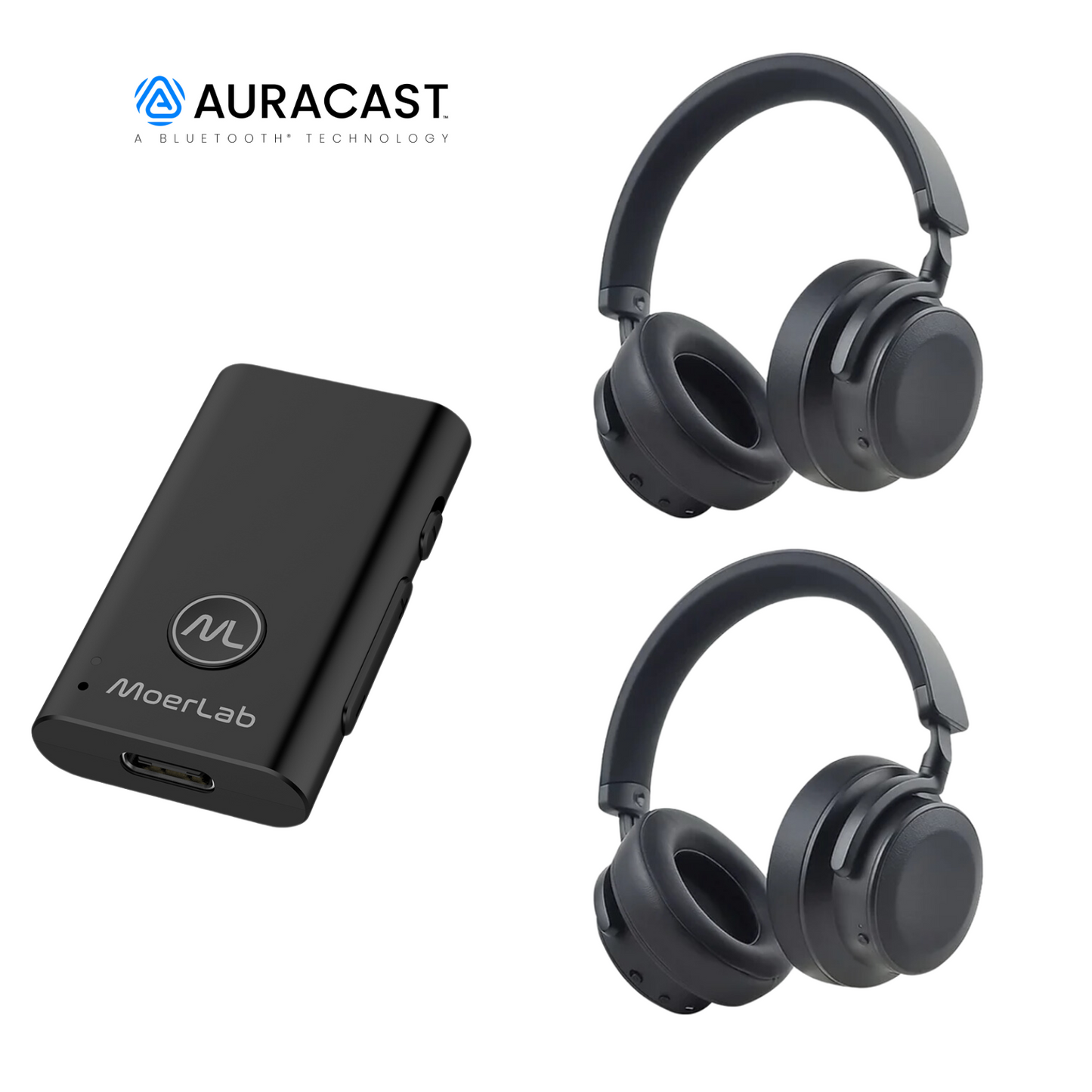 MoerLab® Auracast™ Solution Bundle: 1 MoerDuo™ Transceiver & 2 EchoBeatz™ Headphones