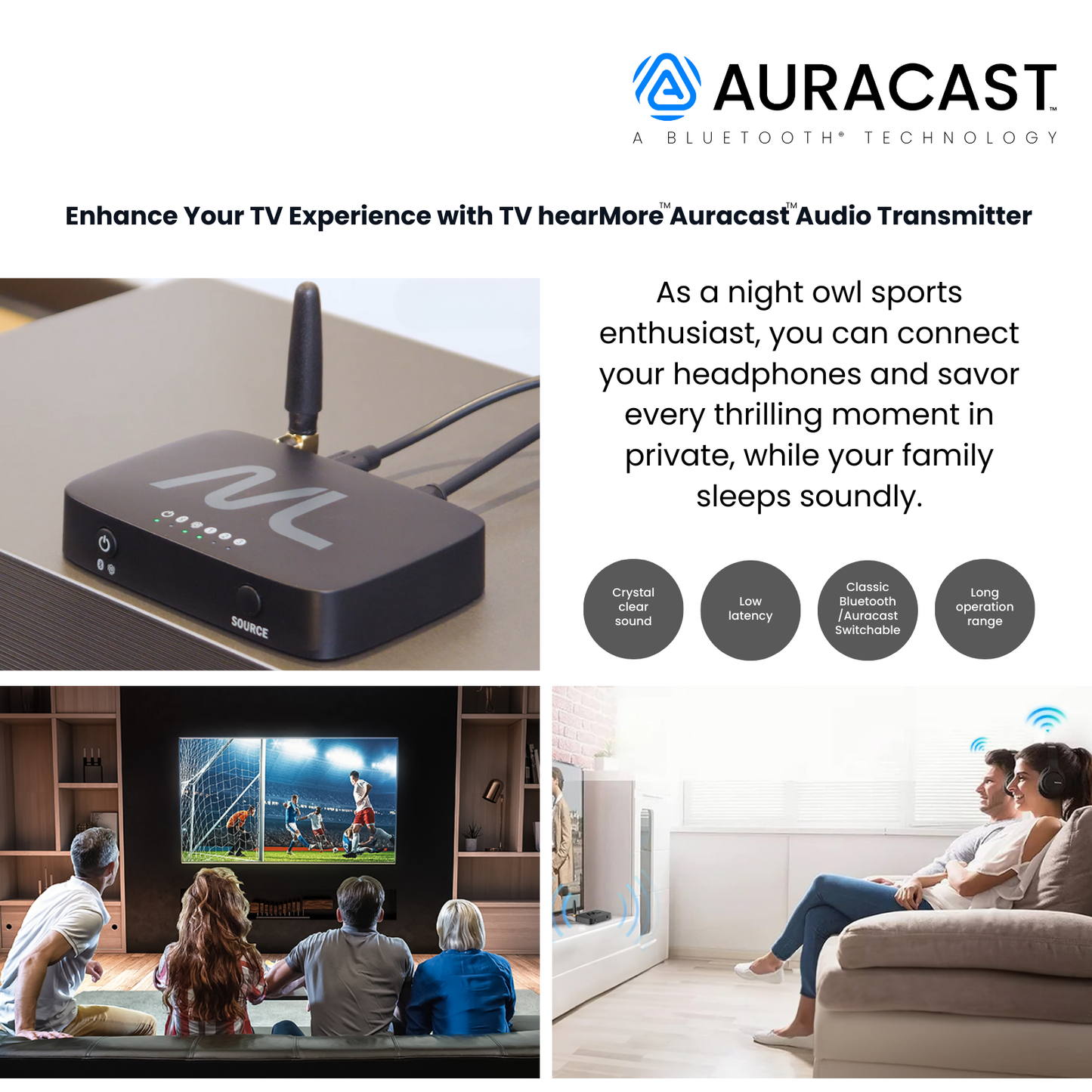 MoerLab® Auracast™ Solution Bundle : 1 TV hearMore™ Transmitter & 2 hearClear™ Earbuds