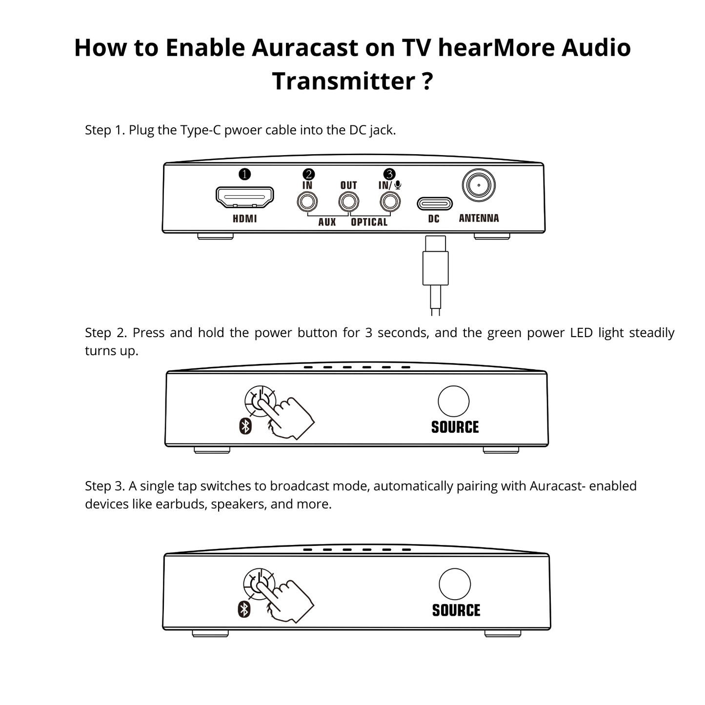 MoerLab® Auracast™ Solution Bundle : 1 TV hearMore™ Transmitter & 2 hearClear™ Earbuds