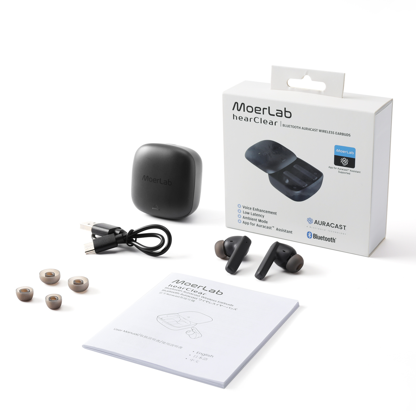 MoerLab® Auracast™ Solution Bundle : 1 MoerDuo™ Transceiver & 2 hearClear™ Earbuds