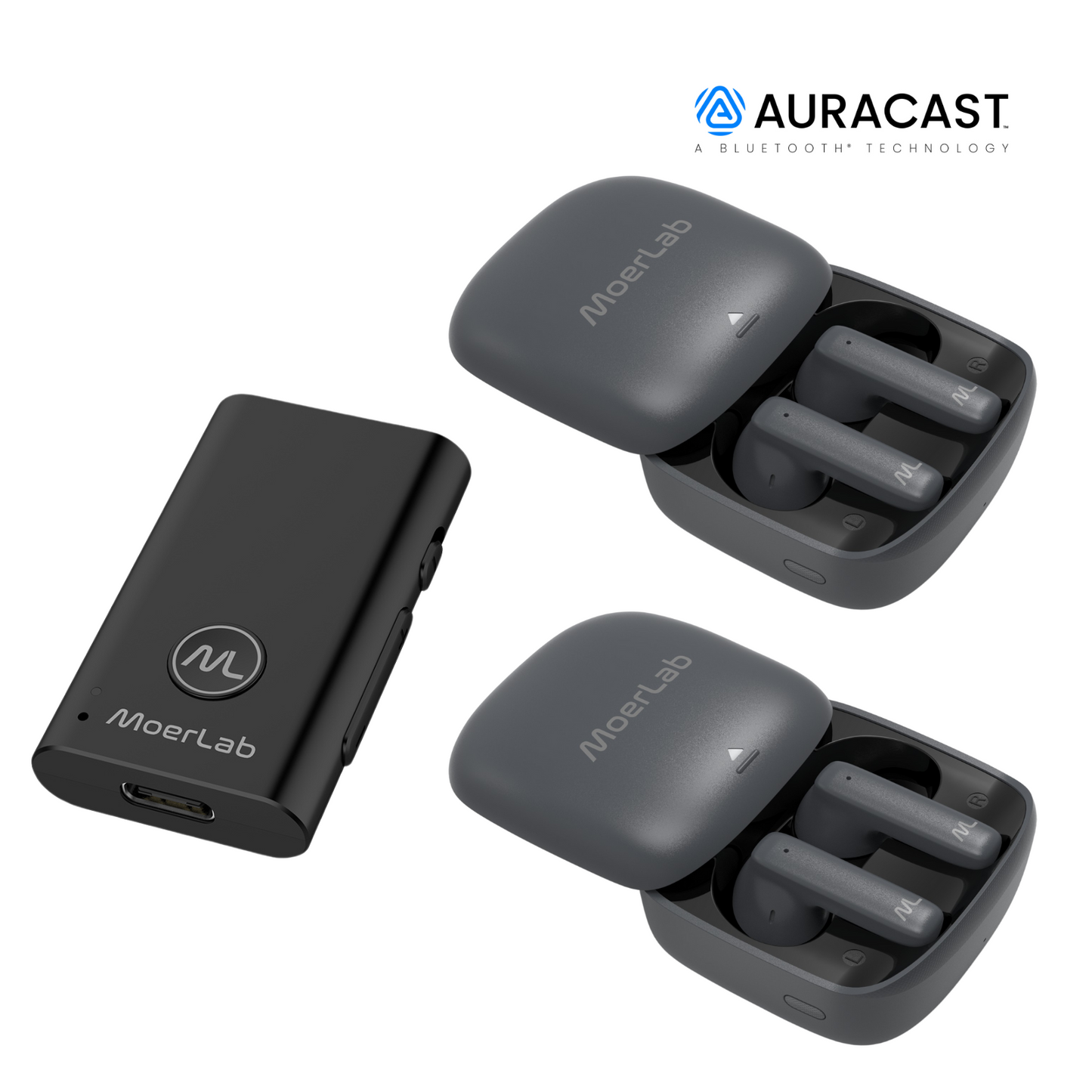 MoerLab Auracast Solution Bundle Kit: 1 MoerDuo & 2 hearClear Earbuds Bundle